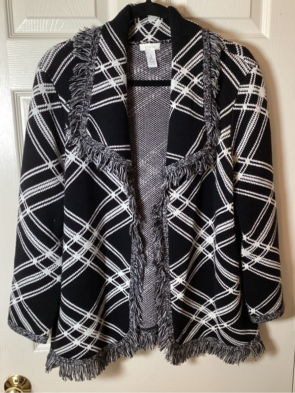 Chico's Black & White Fringed Open-Front Geometric Pattern Cardigan - Large